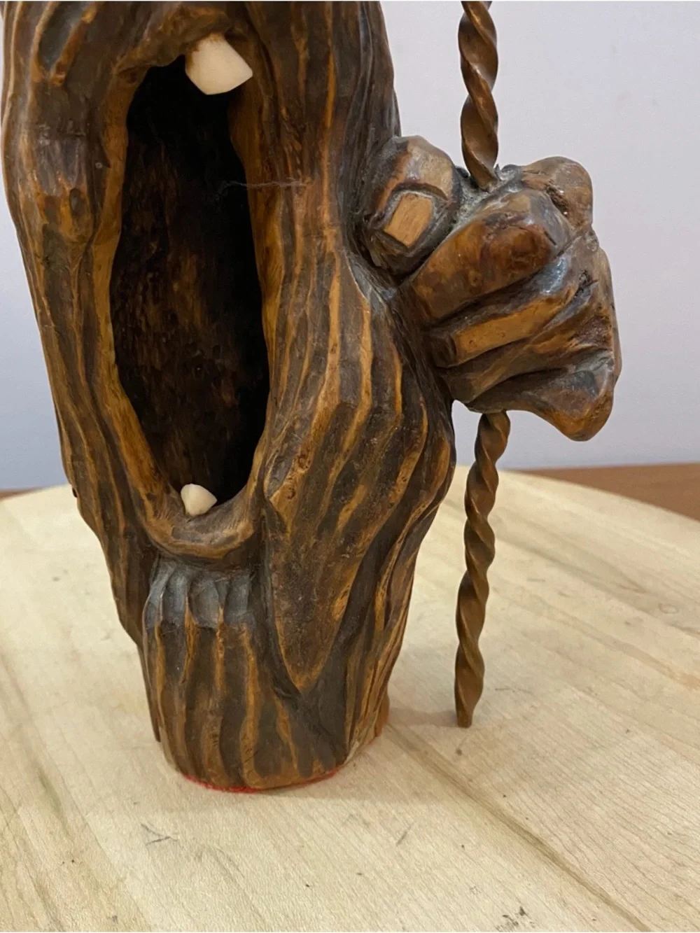 Vintage Hand Carved Wood Candle‎ Holder Spirit Wizard Face Folk Art Cottagecore